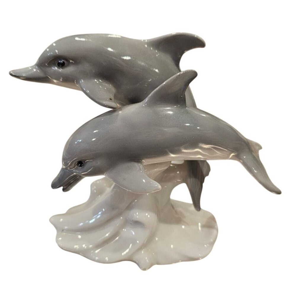 Otagiri Porcelain Gray Dolphins White Wave Figurine Figure Made in Japan Vintage